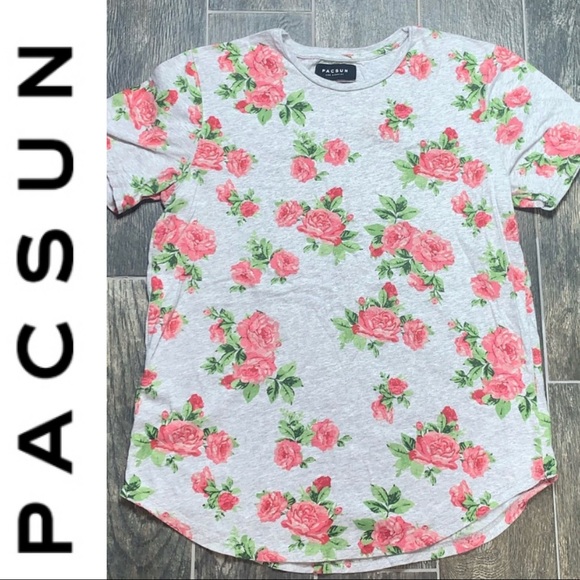 PacSun Tops - PacSun Gray Floral Print Scalloped Edge T-shirt - Size Large